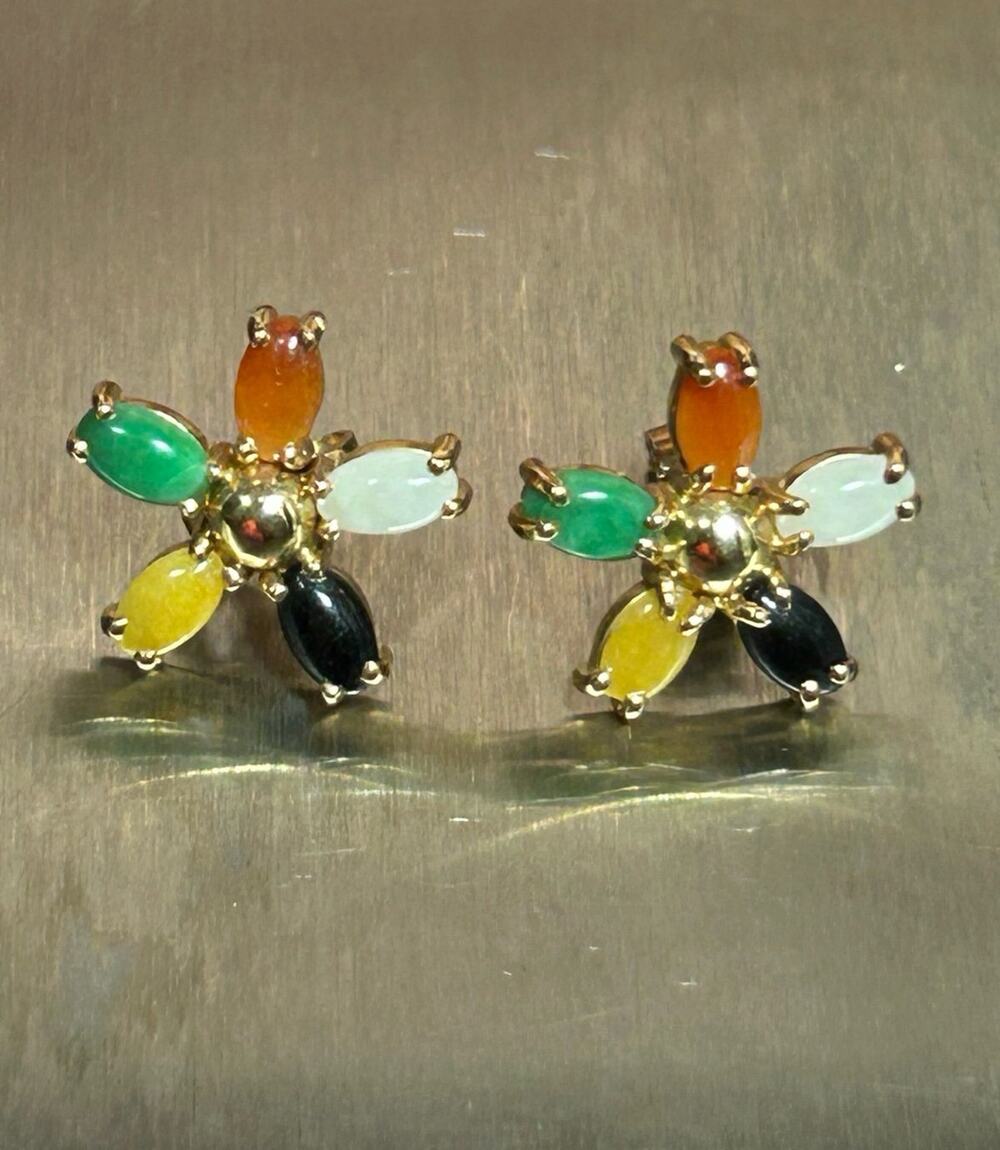 Vintage 14k solid yellow gold multicolor gemstones star floral stud earrings